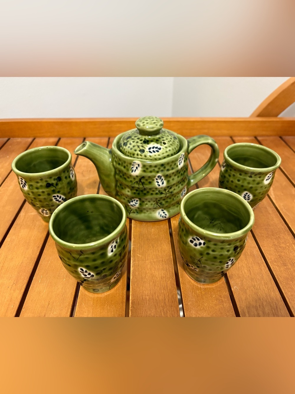 Green Hand-Painted Ceramic Teapot Set with Cups